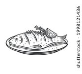 Grilled fish with rosemary and lemon on a plate outline vector icon, drawing monochrome illustration. Whole roast dorado.
