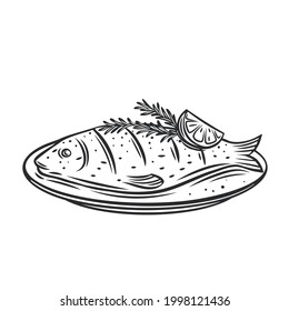 Grilled fish and rosemary   lemon plate outline vector icon  drawing monochrome illustration  Whole roast dorado 