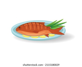 Grilled fish with rosemary and lemon on a plate. Whole roast dorado vector illustration.