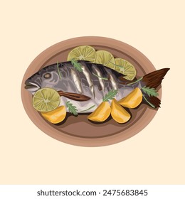 Grilled fish with rosemary and lemon on a plate. Whole roast dorado vector illustration.