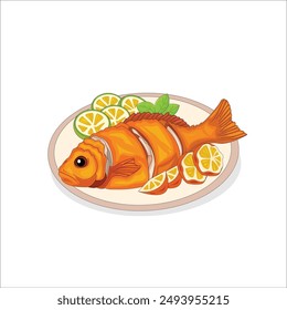 Grilled fish with rosemary and lemon on a plate. Whole roast dorado vector illustration