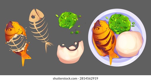 Grilled fish with salad and rice on plate and food leftovers isolated on black background. Vector cartoon illustration of fresh cooked meal and organic waste elements for recycling poster design