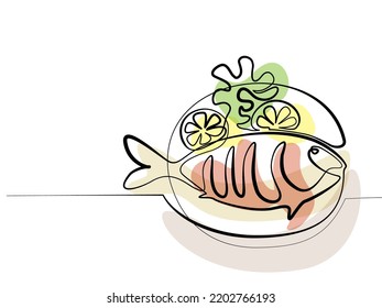 Grilled fish seafood with lemon and salat for café shop logo. Continuous one line drawing. Modern single line design for posters, vector illustration