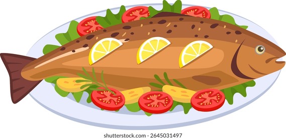 Grilled fish is served on white plate decorated with lemon slices. Potato wedges. Tomato slices. Rosemary sprigs and lettuce leaves. Creating a visually appealing and delicious culinary presentation