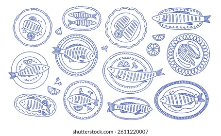 Grilled fish set in mediterranean blue. Collection of stylized, hand drawn illustration featuring various fish dishes arranged on plates. The layout is a white background and blue line art. 