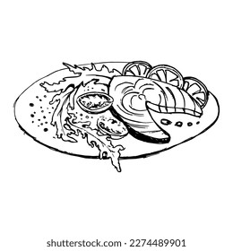 Grilled Fish Steak In A Dish With Tomatoes And Lettuce. Drawing with black lines, marker, line art. Vector illustration