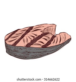 Grilled fish steak. Hand drawn vector illustration.