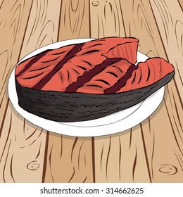 Grilled fish steak. Hand drawn vector illustration.