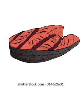 Grilled fish steak. Hand drawn vector illustration.