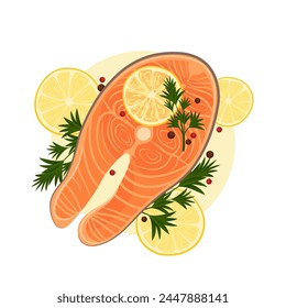 Grilled fish steak illustration. Grilled fish steak. Baked steak on the grill. BBQ fish.