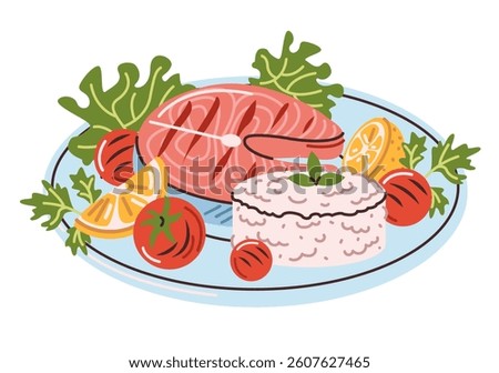 Grilled fish steak with rice, lemon and vegetables on a plate. Vector illustration of baked salmon on a white background