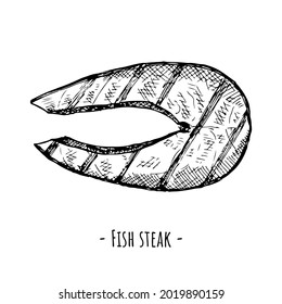 Grilled fish steak. Vector illustration. Isolated on white. Hand-drawn style.