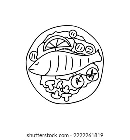 Grilled fish with vegetables on plate doodle illustration in vector. Fried fish with vegetables hand drawn illustration