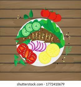 Grilled fish with vegetables. Traditional Mediterranean dish on dark wooden background with tomatoes, herbs and spices. Vector illustration.