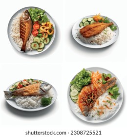 Grilled fish with white rice and green vegetables in an isolated white background 3D vector graphic for restaurant dish