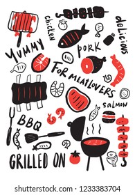 Grilled food. Hand drawn illustration of grilled meat, steak etc. Hand written lettering. Grill restaurant menu design template.