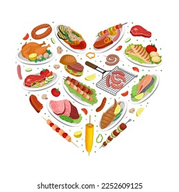 Grilled Food Heart Shaped Composition Design with Delicious Dish Served on Plate Vector Template