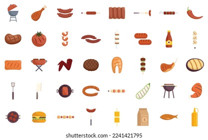 Grilled food icons set flat vector. American cooked. Korean chicken isolated