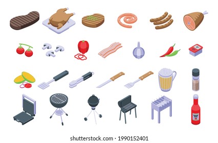 Grilled food icons set. Isometric set of grilled food vector icons for web design isolated on white background