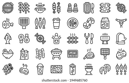 Grilled food icons set. Outline set of grilled food vector icons for web design isolated on white background