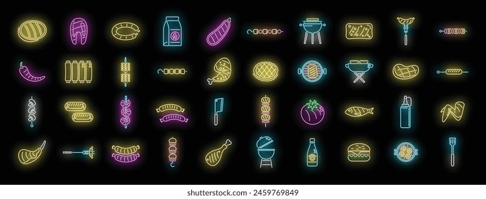 Grilled food icons set outline vector. American cooked. Korean chicken neon color on black