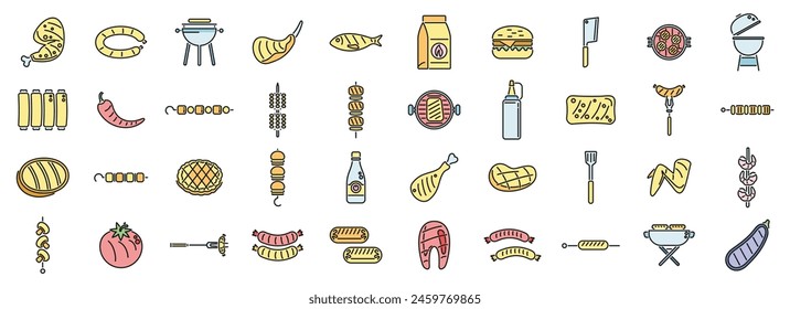 Grilled food icons set outline vector. American cooked. Korean chicken thin line color flat on white