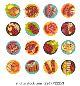Grilled Food with Meat and Sausages Served on Plates Above View Big Vector Set
