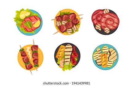 Grilled Food with Meat, Sausages and Vegetables Rested on Plate Top View Vector Set