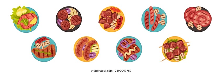 Grilled Food with Meat and Vegetables Served on Plates Vector Set