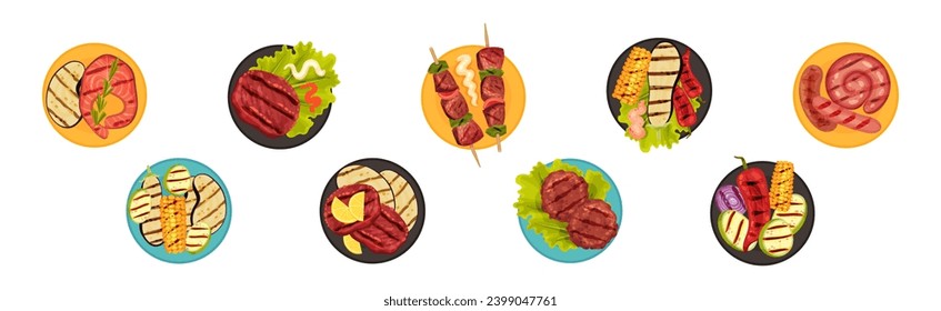 Grilled Food with Meat and Vegetables Served on Plates Vector Set