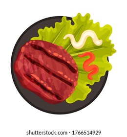 Grilled Food with Patty Meat Rested on Plate with Lettuce Vector Illustration