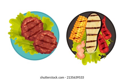 Grilled food set. Beef steak and vegetables served on plates. Top view of delicious dishes for barbecue party menu vector illustration