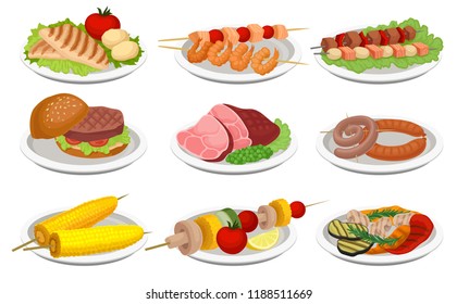 Restaurante con parrilladas, platos deliciosos para la barbacoa, carne y vegetariano vectorial Ilustración de fondo blanco