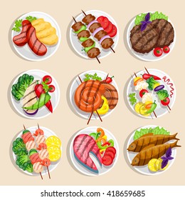 Grilled food set fish and meat dishes with vegetables on the plate vector illustration