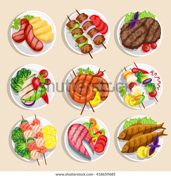 焼き魚と肉料理に野菜を添えた料理を 皿のベクターイラストに描いたもの のベクター画像素材 ロイヤリティフリー