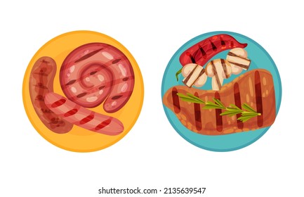 Grilled food set. Meat steak and sausages served on plates with vegetables. Top view of delicious dishes for barbecue party menu vector illustration