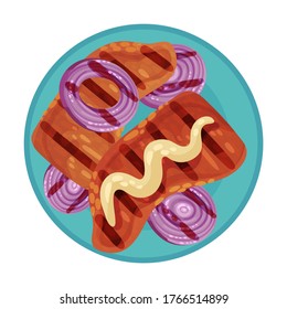 Grilled Food with Tenderloin or Fillet Rested on Plate with Sliced Onion Vector Illustration