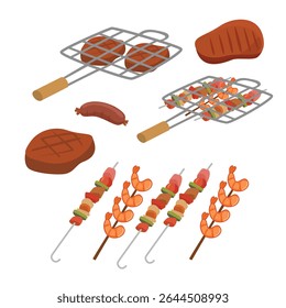 Grilled food vector. Barbecue grill. Camping activities. Food vector flat vector in cartoon style.