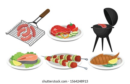 Grilled Food Vector Set. Barbeque Meat and Fish Collection