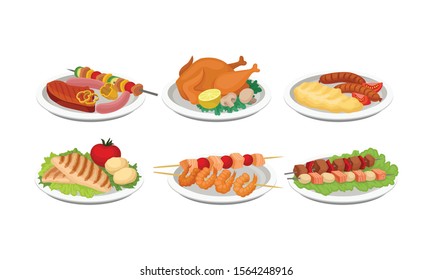 Grilled Food Vector Set. Barbeque Meat and Fish Collection