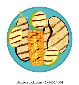 Grilled Food with Vegetable Slices Rested on Plate Vector Illustration