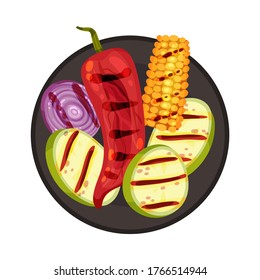 Grilled Food with Vegetable Slices Rested on Plate Vector Illustration