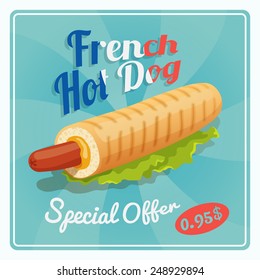 Grilled french hot dog with sauce fast food retro poster vector illustration