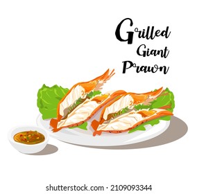 Grilled fresh giant river prawn with seafood spicy sauce on white background. Thai traditional food, Vector illustration.