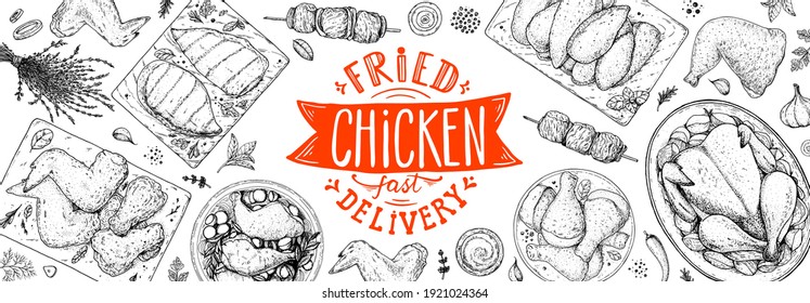 Grilled and Fried chicken. Hand drawn sketch illustration. Grilled chicken meat top view frame. Vector illustration. Engraved design. Restaurant menu design template.