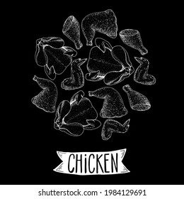 Grilled and Fried chicken. Hand drawn sketch illustration. Grilled chicken meat top view. Vector illustration. Engraved design. Restaurant menu design template.