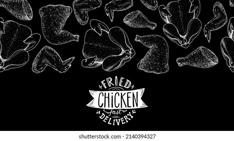 Grilled and Fried chicken. Hand drawn sketch illustration. Grilled chicken meat top view frame. Vector illustration. Engraved design. Restaurant menu design template