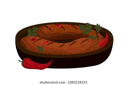 Grilled fried juicy sausages.Kupati,georgian kartuli meat dish.Minced meat with spices,pomegranate seeds.Dish fried on open fire.Food on clay frying pan,ketsi.Piping hot sausages.Vector illustartion