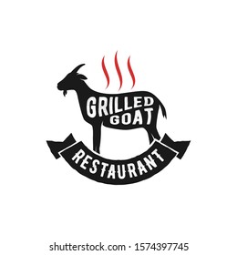 Grilled goat bbq barbecue barbeque logo design, with goat sheep silhouette icon symbol smoke simple minimalist, restaurant bar food drink.