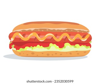 Grilled Hot Dog with ketchup and lettuce. Cartoon fast food vector illustration. 
